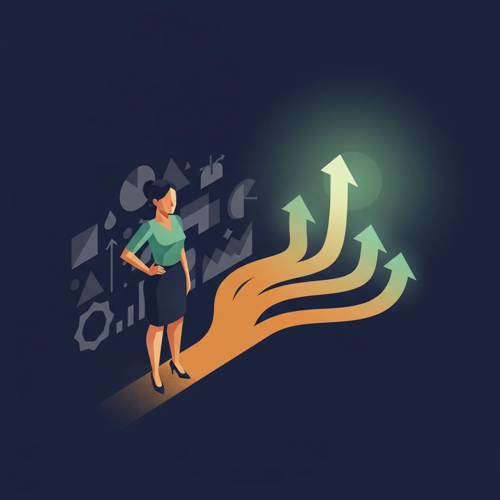 Isometric illustration of a professional woman at a career crossroads with illuminated paths ahead