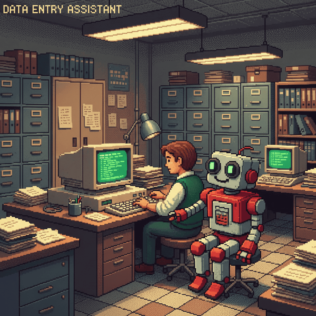 Pixel art illustration of data entry clerk with robot colleague