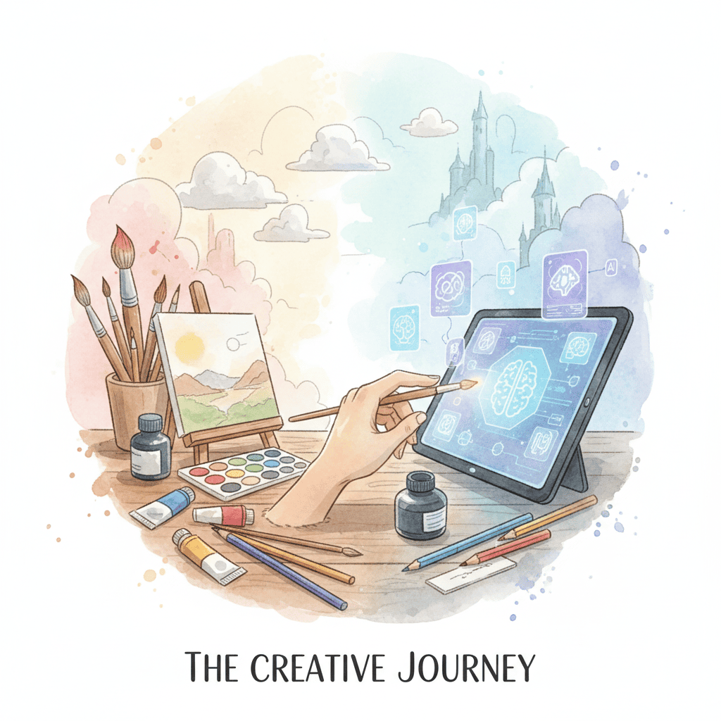 Watercolor illustration of designer workspace with traditional and AI tools